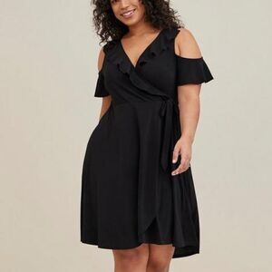 Torrid Black Mini Studio Knit Cold Shoulder Wrap Dress Womens 3X Feminine Ruffle